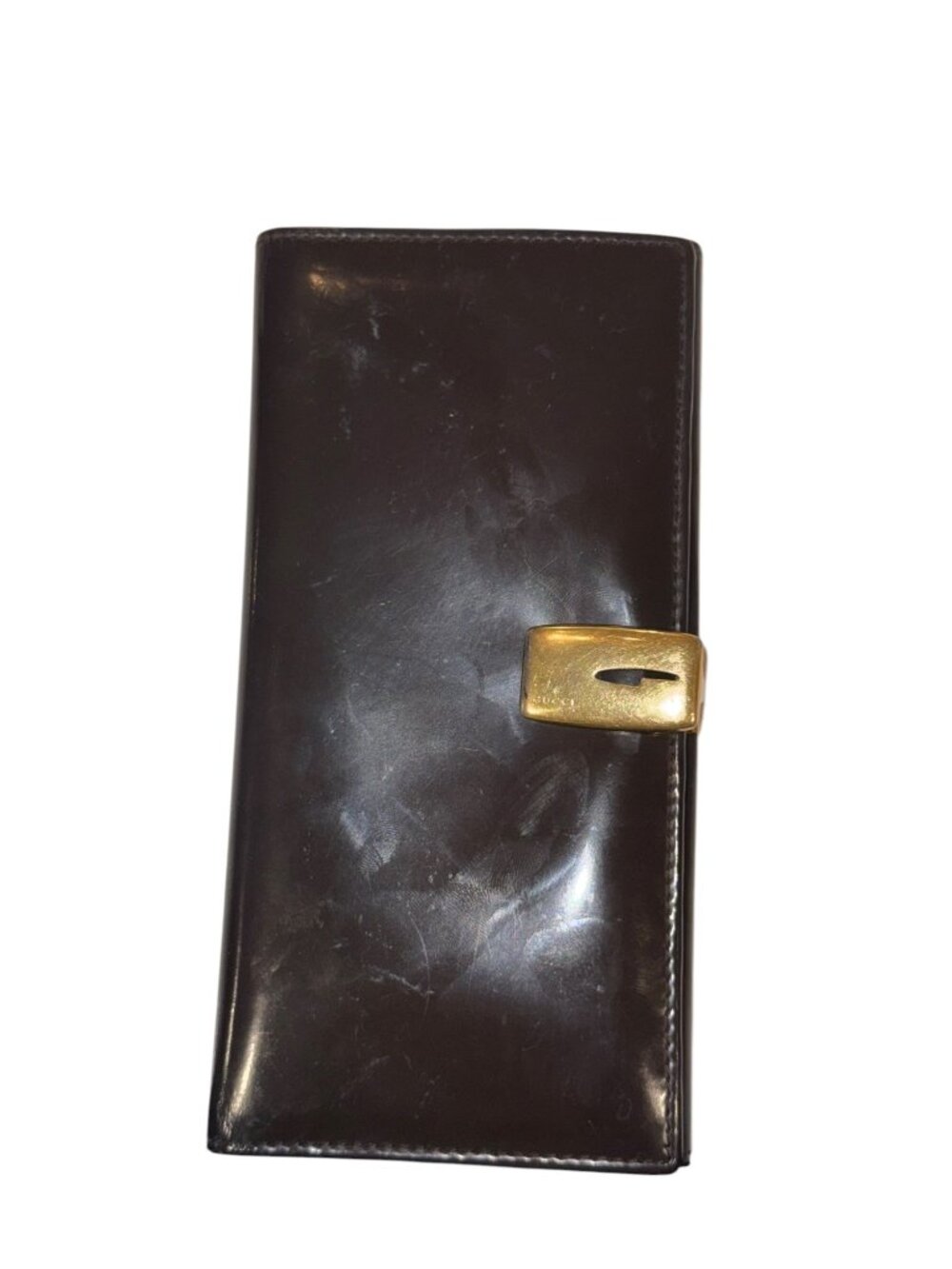 Gucci Brown Patent Leather Long Wallet With Gold-Tone Clasp
